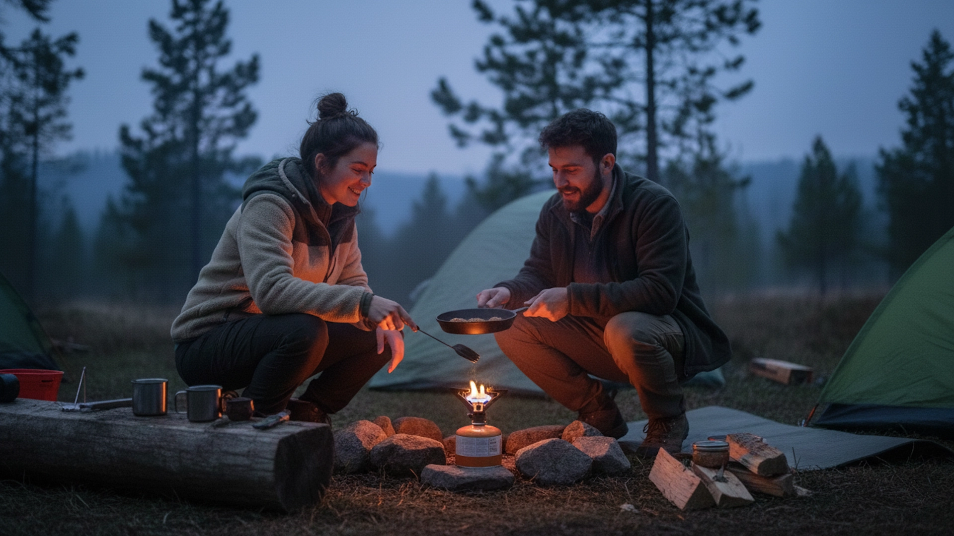 Portable butane gas camping stove used for cooking a meal when camping.