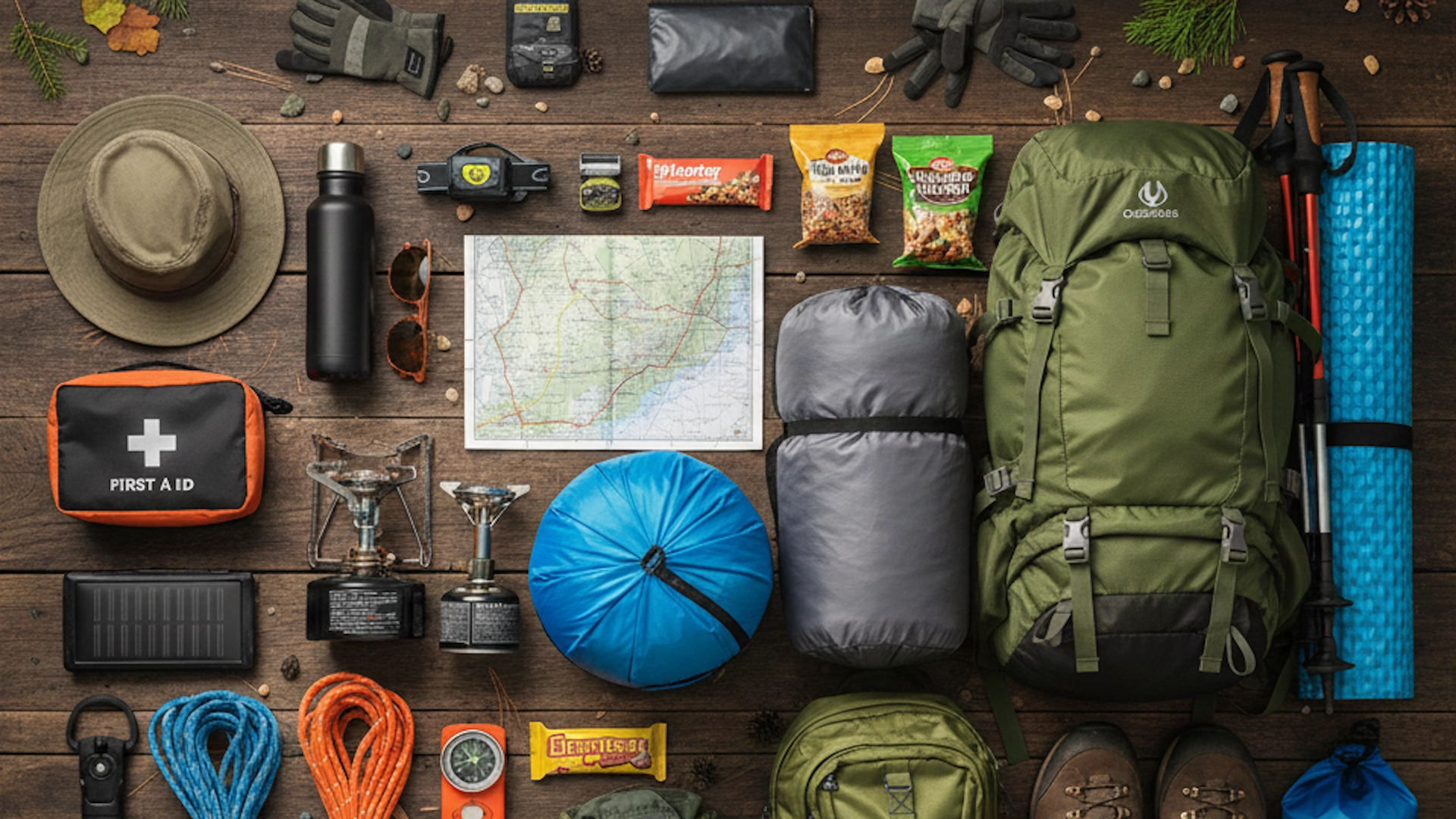 Flat lay image showing camping gear essentials for a trip